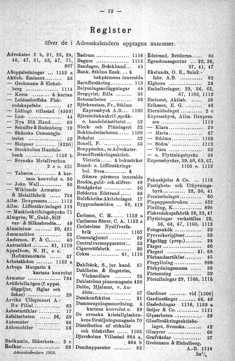 -... 73 ; Advokater 45,47, Register öfver de i Adresskalendern upptagna annonser; ',,, 2 b; 21" 23,. 24, 51, 53,. 57,,71, 897' Afloppsledningar :.. 1152 a Aktieb. Eminent,.