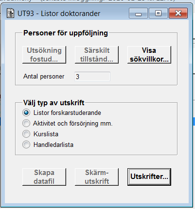 Magnus Böhlin 2 (5) Funktionshjälp: UT93 Listor doktorander Senast uppdaterad 2016-01-27 Allmänt om funktionen Funktionen används för att sammanställa uppgifter om forskarstuderande och för att ta
