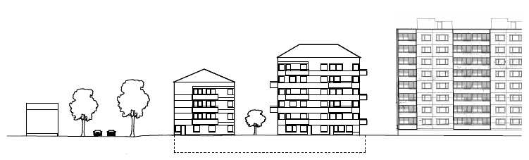 Sida 17 (25) Vy mot Åkeshovsvägen. Befintligt lamellhus i två våningar till vänster, nya punkthus i fyra våningar till höger. Vy från koloniområdet.