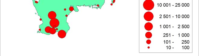 Fig. 37. Bläsgåsens utbredning i södra Sverige vid inventeringen i oktober 212. The distribution of White-fronted Geese in southern Sweden at the census in October 212.