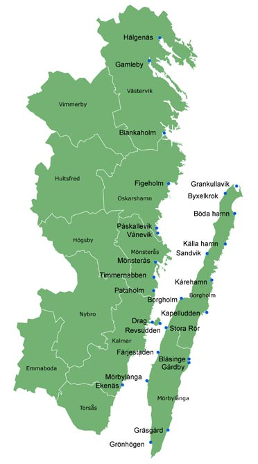 Sammanfattande tabell över oprövade hamnar i Kalmar län, deras mottagningskapacitet samt behov av tillståndsprövning Karta över oprövade hamnar i Kalmar län Kommun Hamn > 1 350 1 Tillståndsprövning?