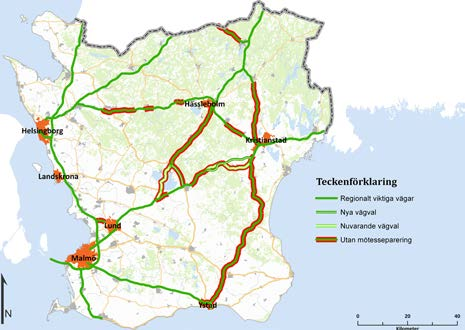 Figur: Viktiga vägar för persontrafik för att binda samman kärnorna, komma till/ från Skåne, för regional balans och viktiga pendlingsvägar.