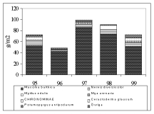 77 Figur 8.13 Biomassa och artantal för högre växter vid Alsterån 1995-1999 och standardfel (SE) för den totala biomassan. Figur 8.12 Abundans (a) och biomassa (b) för mjukbottenfaunan vid Alsterån (inre lokalen) 1995-1999.