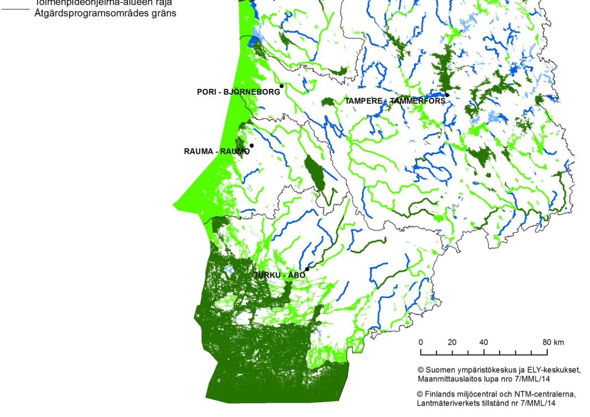 Bild 8.2.1d. Nivån på ytvattnens klassificering i det västra vattenförvaltningsområdet.