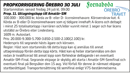 : b. -. kr. m. Autostart. Pris:.-.-.-.-.-.(.) kr. Minnespris till segrande hästs ägare. LUCKY LARRY :, M *, AK, AM,mbr. v.