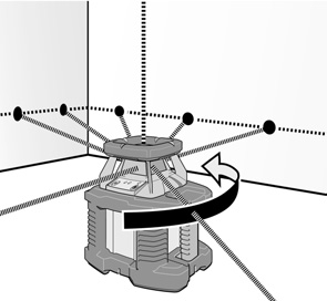 Huvudanvändningar Avvägning Ställ instrumentet på ett stabilt underlag eller stativ. Observera: Det är lämpligt att ställa upp rotationslasern ungefär i samma avstånd till de senare mätpunkterna.