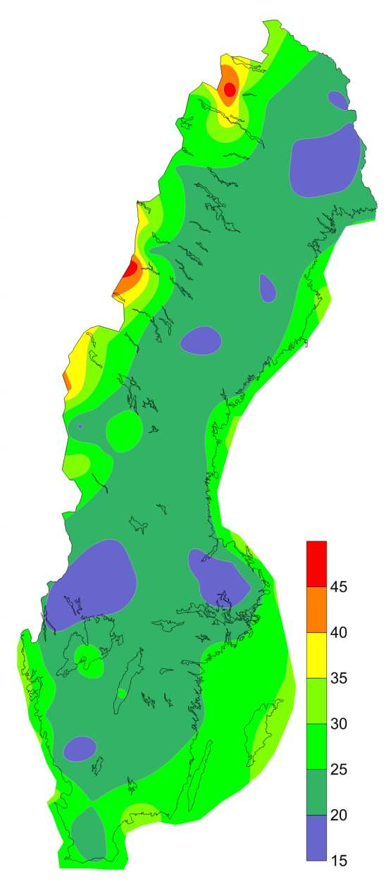 Vindklimatet Nordvästliga - västliga sydvästliga vindar vanligast En vanlig medelvind kan vara 7 m/s Typiska värden för en vind