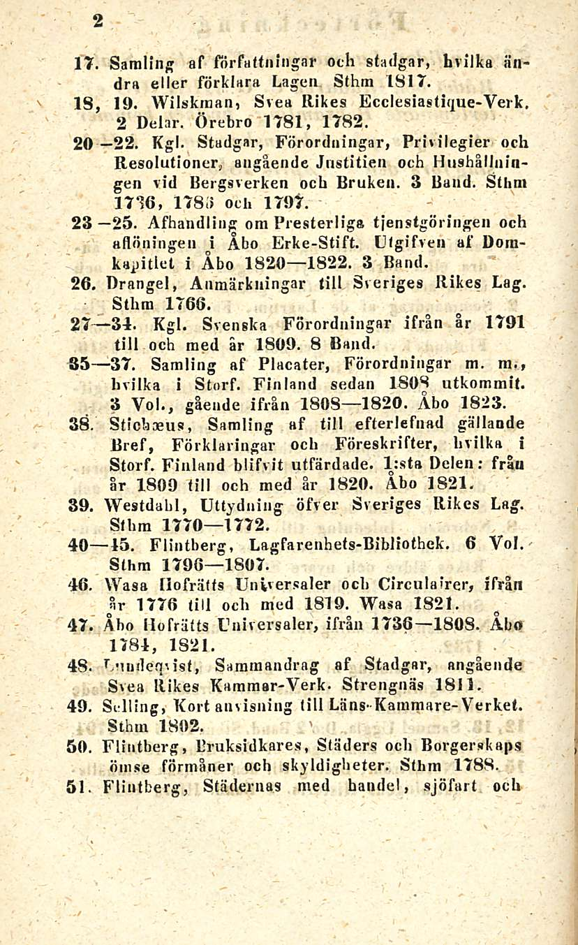 2 17. Samiin#» af författningar Och stadgar, hvilka iindra eller förklara Lagen Sthm 1817. IS, 19. Wilskraan, Svea Rikes Ecclesiastique-Verk. 2 Del.ir. Örebro 1781, 1782. 20 22. Kgl.