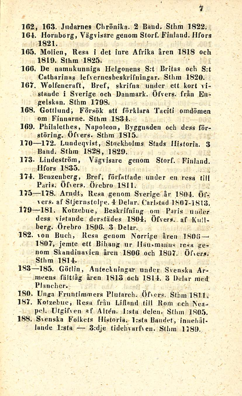 7 162, 163. Jndarnes Clirönika. 2 Band, Sthm 1822. 164. Hornborg, Vägviaare genom Storf. Finland. Hfors 1821. 165. Molien, Resa i det inre Afrika åren 1818 och 1819. Sthm 1825. 166.