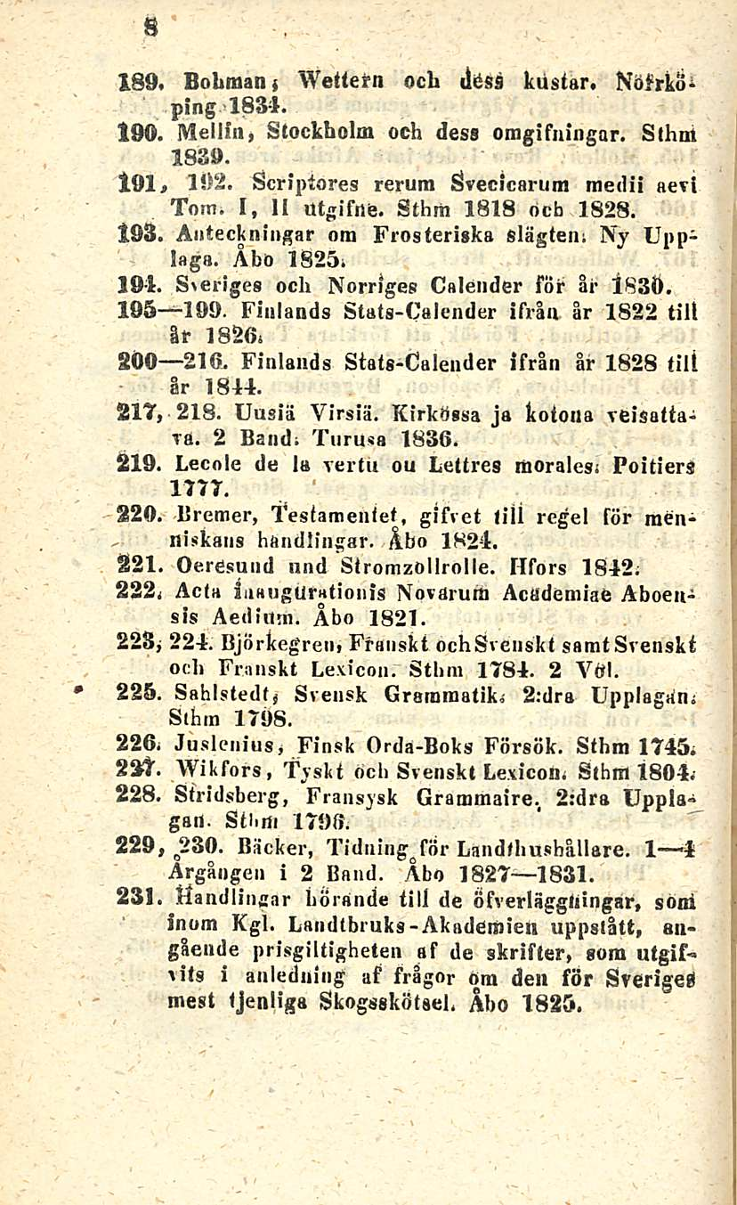 8 189. Bobinani Wettern ocb ilöss kiistar. Nofrkiiping 1834. 190. Mollin j Stockholm och dess oragifningar. S (hm 183». 191, 192. Scriptores rerum Svecicarum medii aevl Toin. I, II Utgifne.