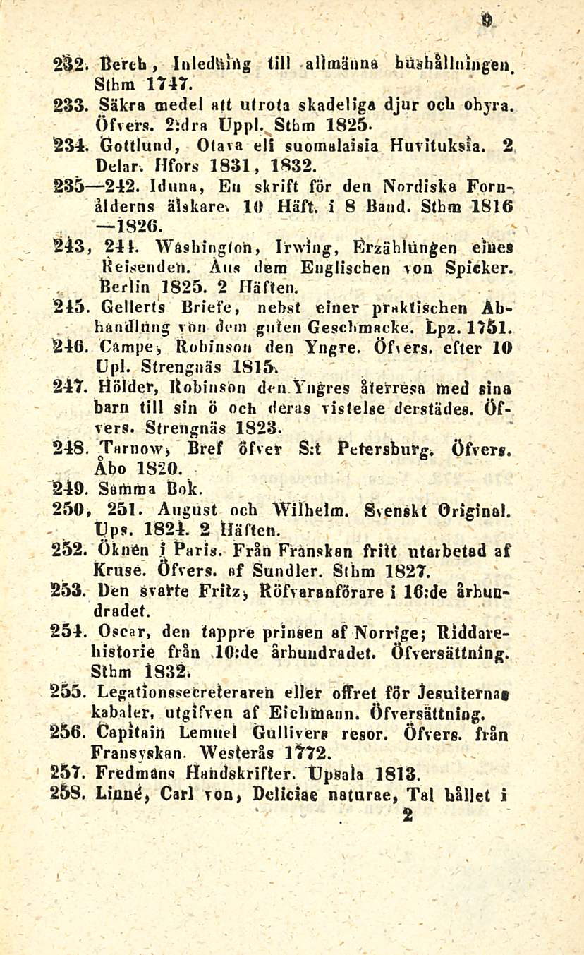 9 232. Bertil, InlcdliiOg tili allmänna hushlllningeii Sthm 1747. 233. Säkra medel alt uhota skadeliga djur ocb ohjia. Öfvers. 2idra Uppl. Stbm 1825-234. Gottlund, Otava eli suomalaisia Huvituksia.
