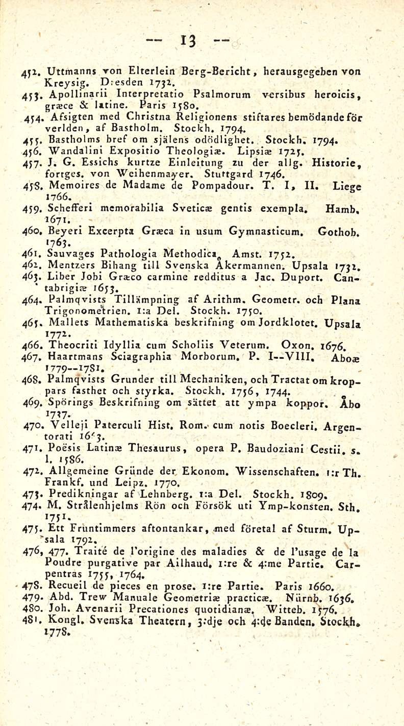 13 451. Uttmanns von Elterlein Berg-Bericht, herausgegeben von Kreyslg. D:esden 1732. 453. Apollinarii Interpretatio Psalmorum versibus heroicls, griece & latine. Paris 1580. 454.