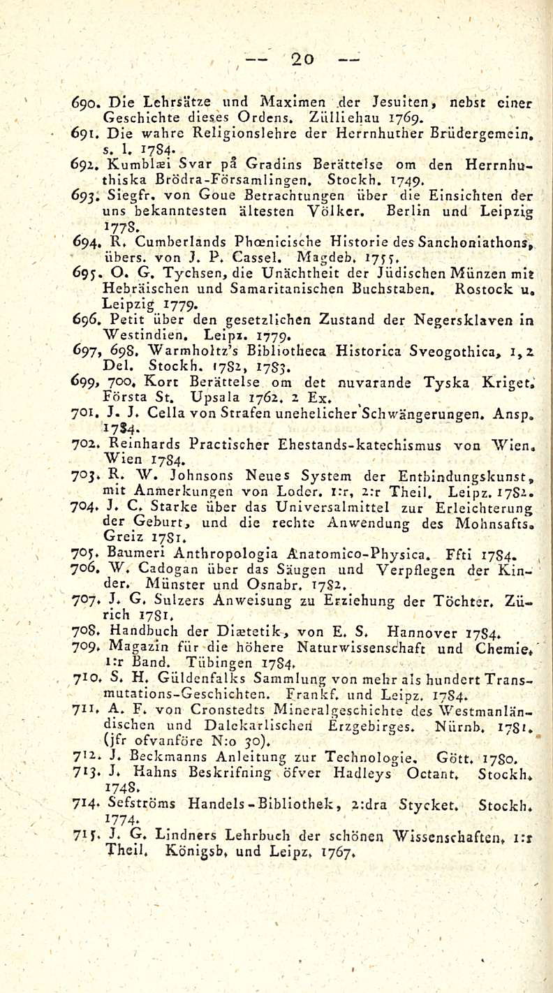 20 690. Die Lehrsätze und Maximen der Jesuiten, nebst einer Geschichte dieses Ordens. Ziilliehau 1769. 691. Die tvahre Religionslehre der Herrnhuther Briidergemcin, s. 1. 1784-691, Kumblari Svar på Gradins Berättelse om den Herrnhuthiska Brödra-Församlingen.