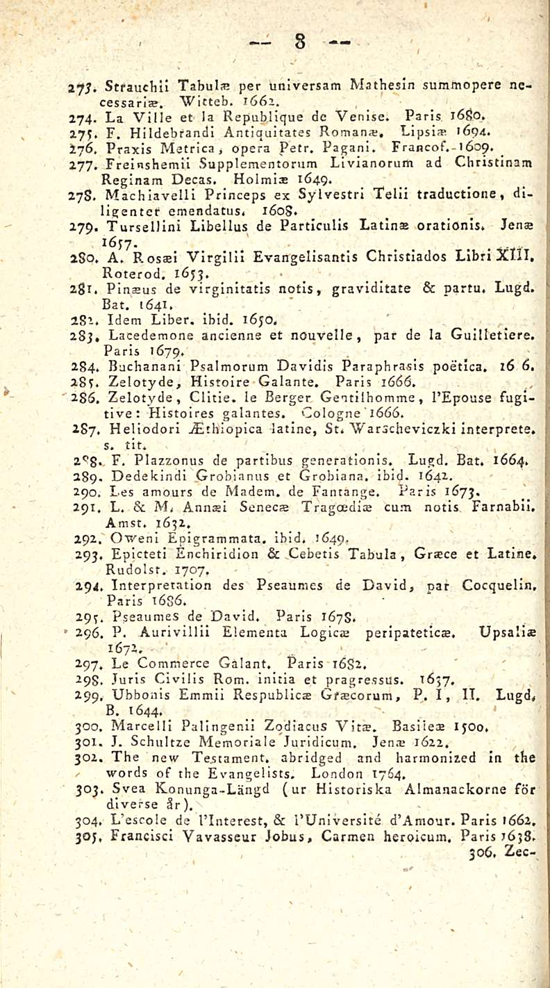 . 8 Strauchii Tabuin; per universam Mathesin summopere nccessari. "Witteb. 1661. 274. La Ville et Ia Republique de Venise. Paris, 1680. 275. F. Hildebfandi Antiquitates Roman, Lipsi 1694. 176.
