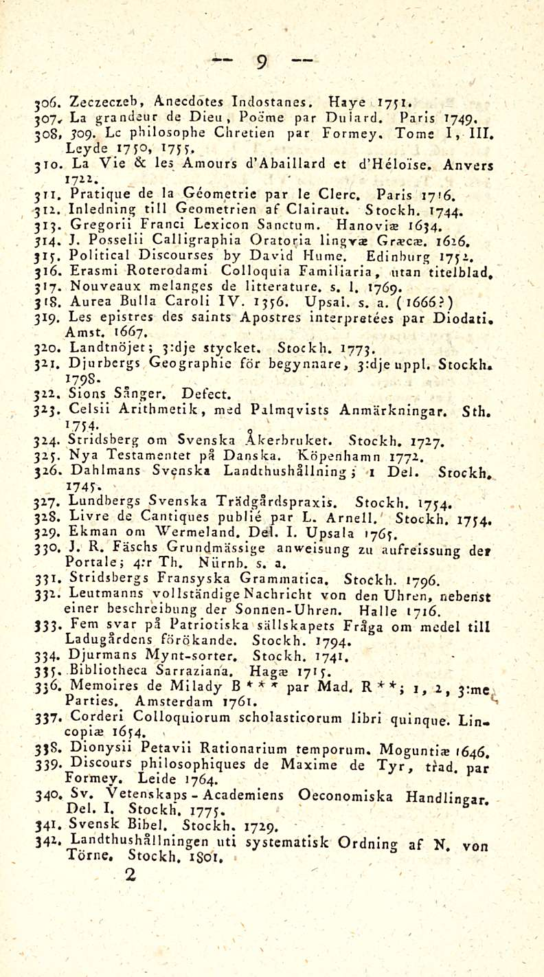 Academiens 9 joö. Zeczeczeb, Anecdotes Indostanes. Haye 1731, 307. La grandcur de Dieu, Poeme par Duiard. Paris 1749, 308, 309. Le philosophe Chretien par Formey. Tom: I, 111, Leyde 17P. '7!(. 310.