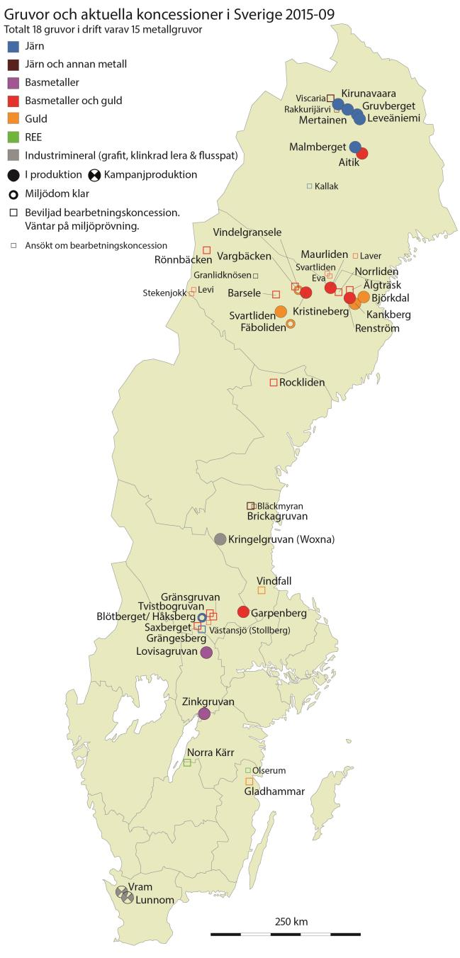 Rapport 4 av 29 Figur 1 Gruvor och koncessioner i Sverige 2015 SGU:s kartläggning visade att metall- och mineralstatistiken är mycket bristfällig angående både potential från utvinning och