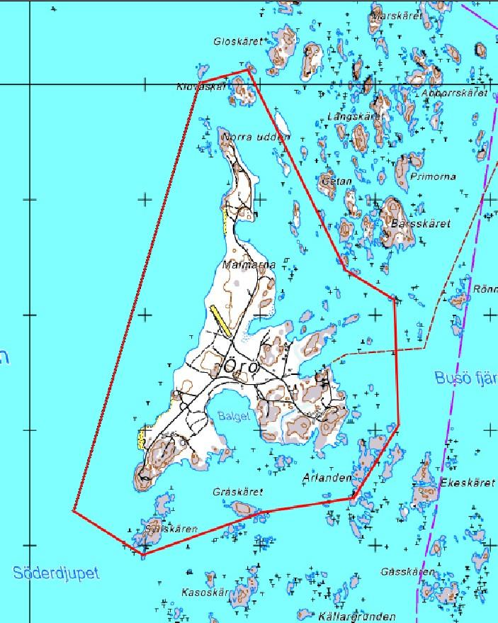 Planområdets preliminära gräns med rött. 3 Planeringens mål Uppgiften är att upprätta en ändring av stranddelgeneralplanen för Örö och dess närområden i Dragsfjärds östra skärgård.