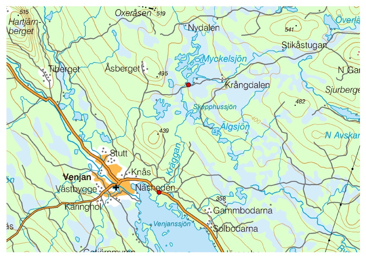 I Myckelsjön finns en damm som DVF äger. Enligt vattendom ska det alltid släppas minst 90 l/s från denna. Figur 3. Karta som visar Kräggån och de dammar som påverkar denna.