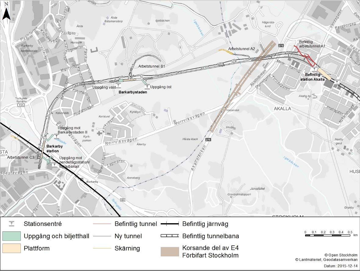 15(45) Figur 2, översiktskarta över utbyggnaden av tunnelbana från Akalla till Barkarby station.