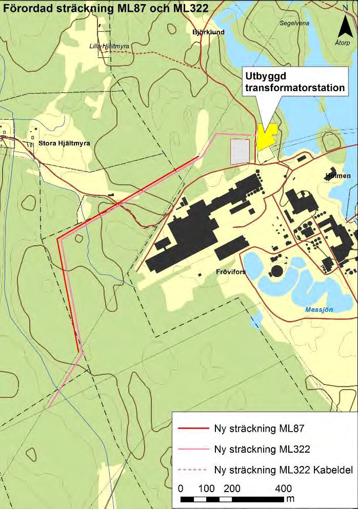 6. BESKRIVNING AV HUVUDALTERNATIVET 6.1 Ledningarnas sträckningar De planerade nya ledningssträckningarna för ML87 och ML322 kan ses i kartan i figur 2 nedan samt i bilaga 1. Figur 2.