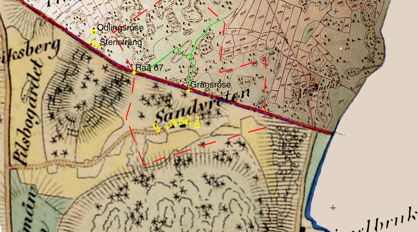 Fig. 2, kartan består av ett montage av de två äldsta tillgängliga kartorna över området, dels, Sigtuna stads ägor 1857 och dels, akt A85-10:2, Kungsgården Venngarn från 1868.