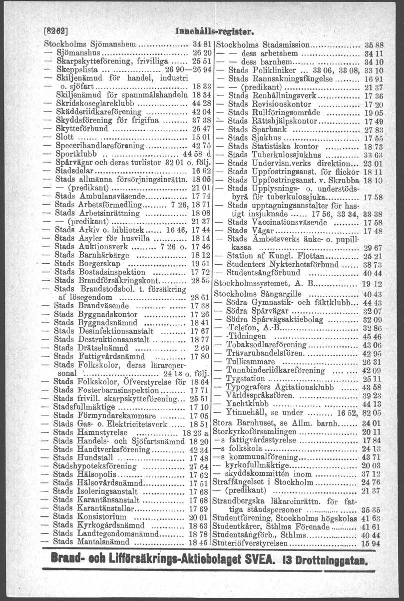 [8262] Inilehålls.reglster. StockholmsSjömansheru 34 81 Stockholms Stadsmission 3588 -- Sjömanshus.