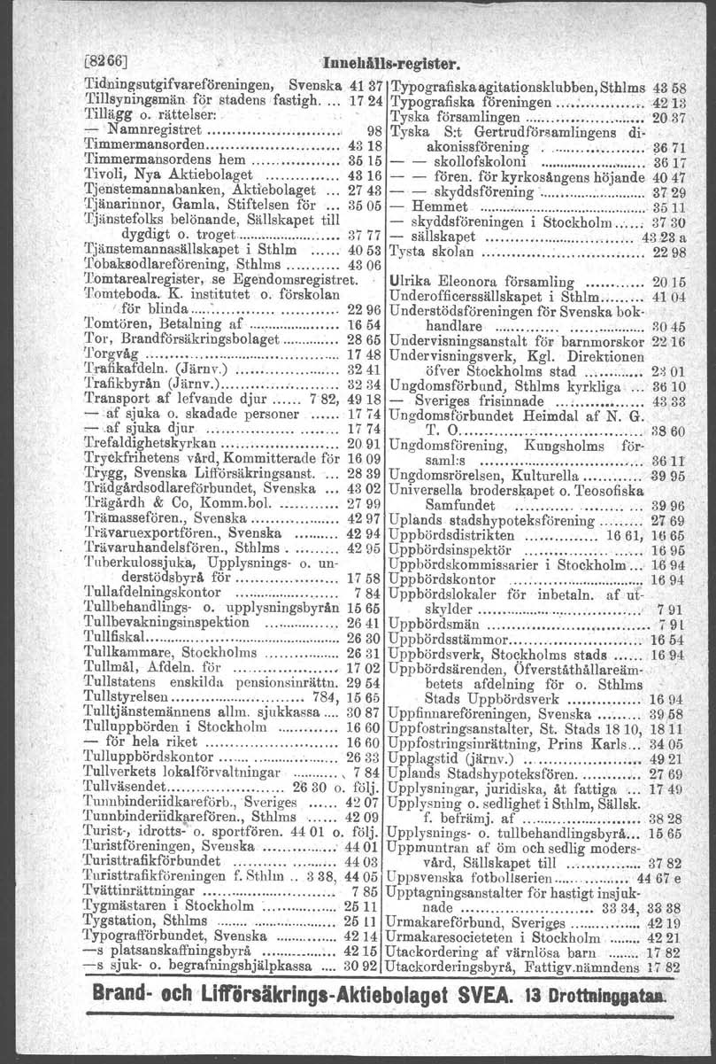 [8266] Innehålls-register. Tidningsutgifvareföreningen, Svenska 4137 T.ypografiskaagitationsklubben,Sthlms 43 '58 'I'illsyningsmän. för stadens fastigh... 1724 Typografiska föreningen... :.