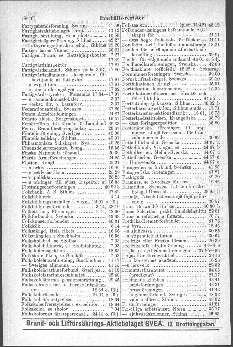 , [8246J InnebAlls-register., ) (. 1 :J ' ';1 ~ Fanygsbefålsforening, Sveriges :. 4156 Folkteatern 1!.:.. '(plan 1142)' 4512 Fastighetsaktiebolaget Drott.,.. : 4312 Folkundervieningene befrämjande, Säll- Fastigh.