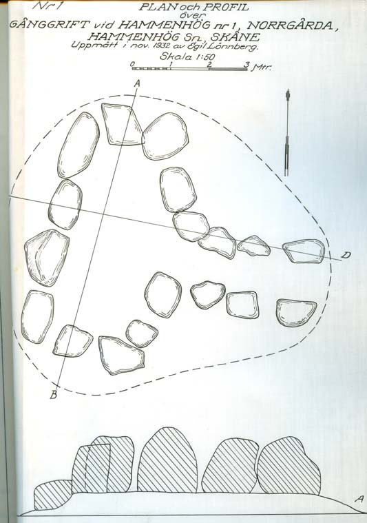 GÅNGGRIFTEN BACKEN Gånggriften Backen (RAÄ 2) ligger strax söder om de båda utgrävda högarna, öster om Smedstorpsvägen, på Hammenhög 1.