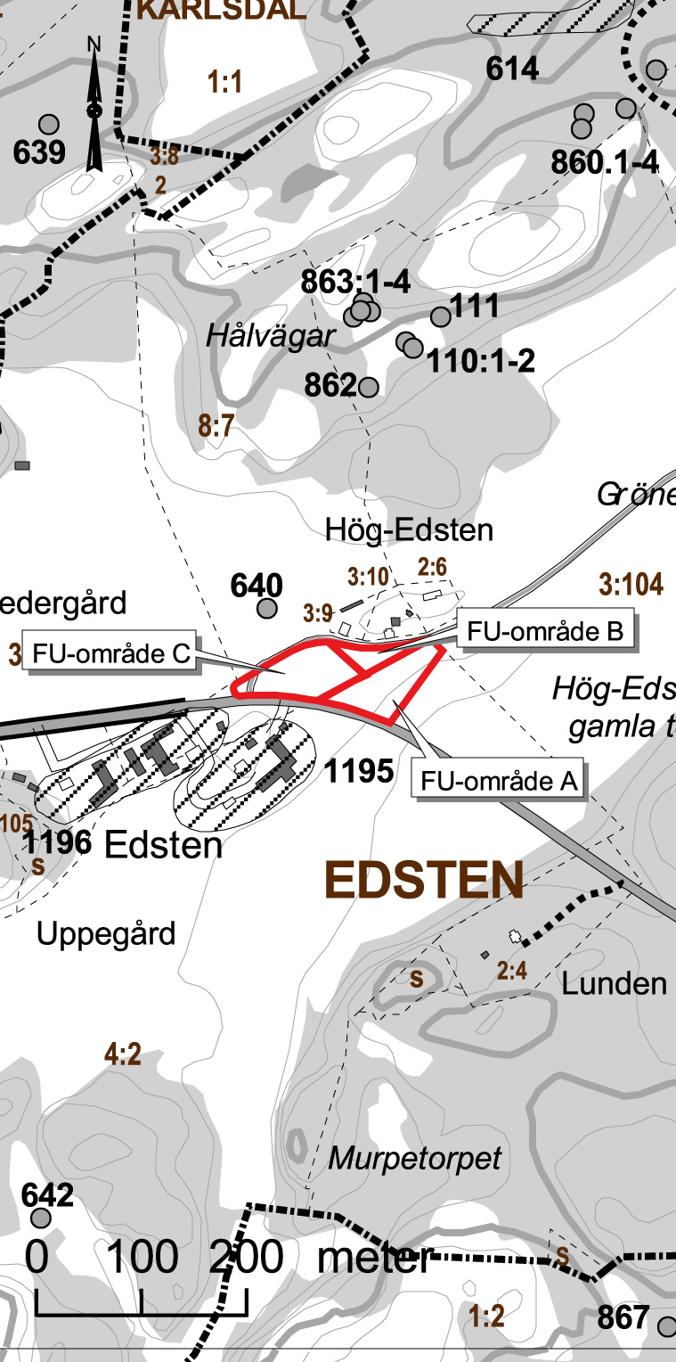 VÄGSKÄL 163/913 5 Sammanfattning Med anledning av planerad ombyggnad av vägskäl 163/913 vid Edsten, Edsten 4:2 och 8:7, Kville socken, Tanums kommun utförde Bohusläns museum en förundersökning år