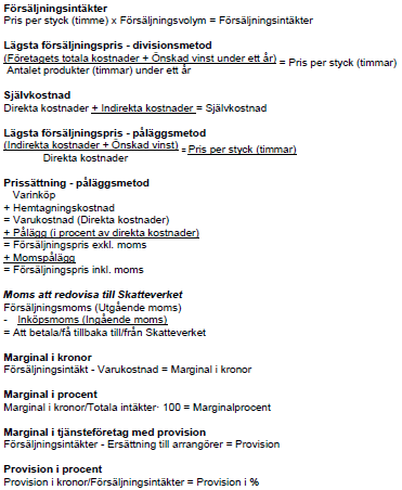 Formler för prissättning