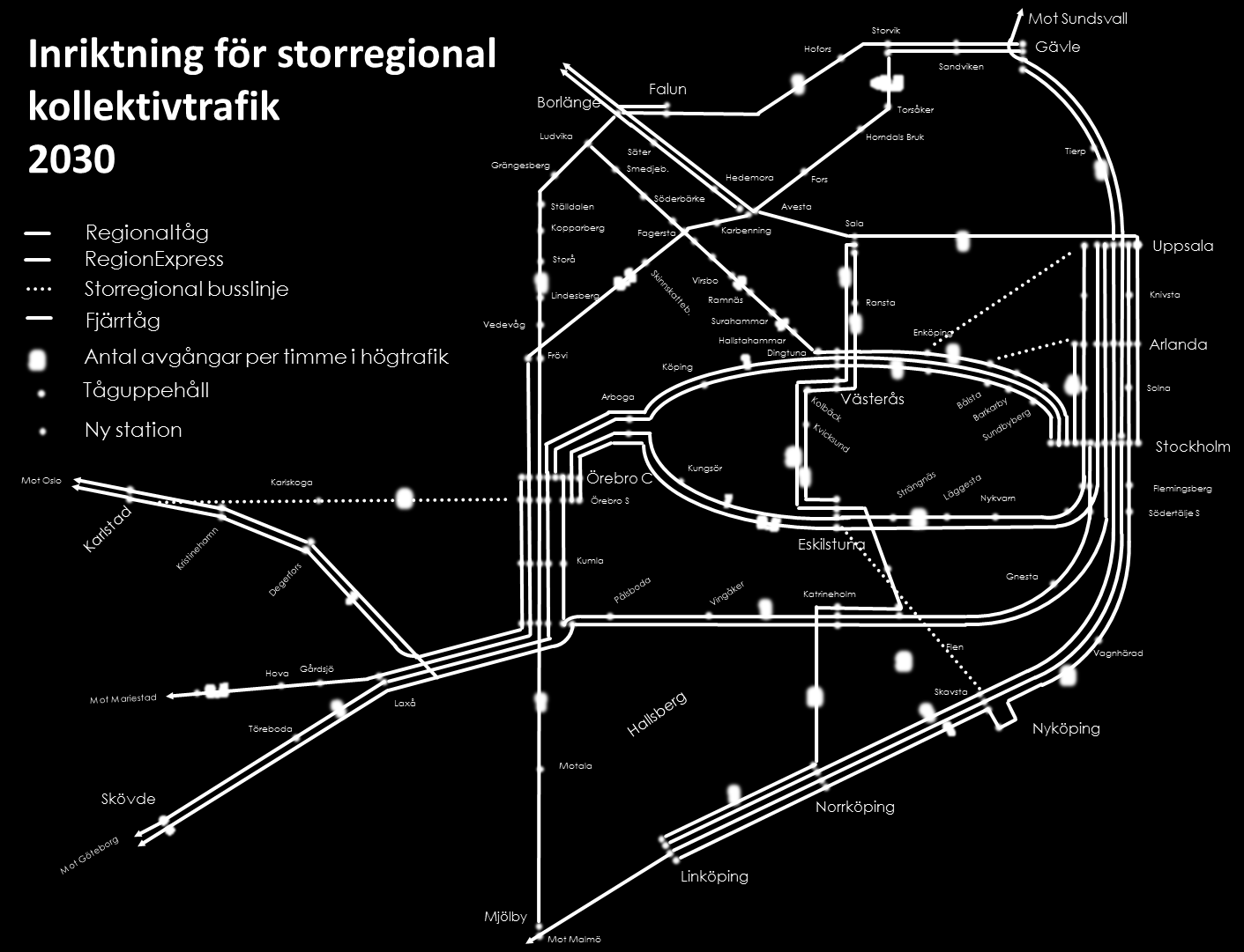 utnyttjas och som möjliggör kortare restider, styva tidtabeller och goda anslutningar mellan linjer. Figur 14. Inriktning för den storregionala kollektivtrafiken (regiontåg, ej lokal tågtrafik) 2030.