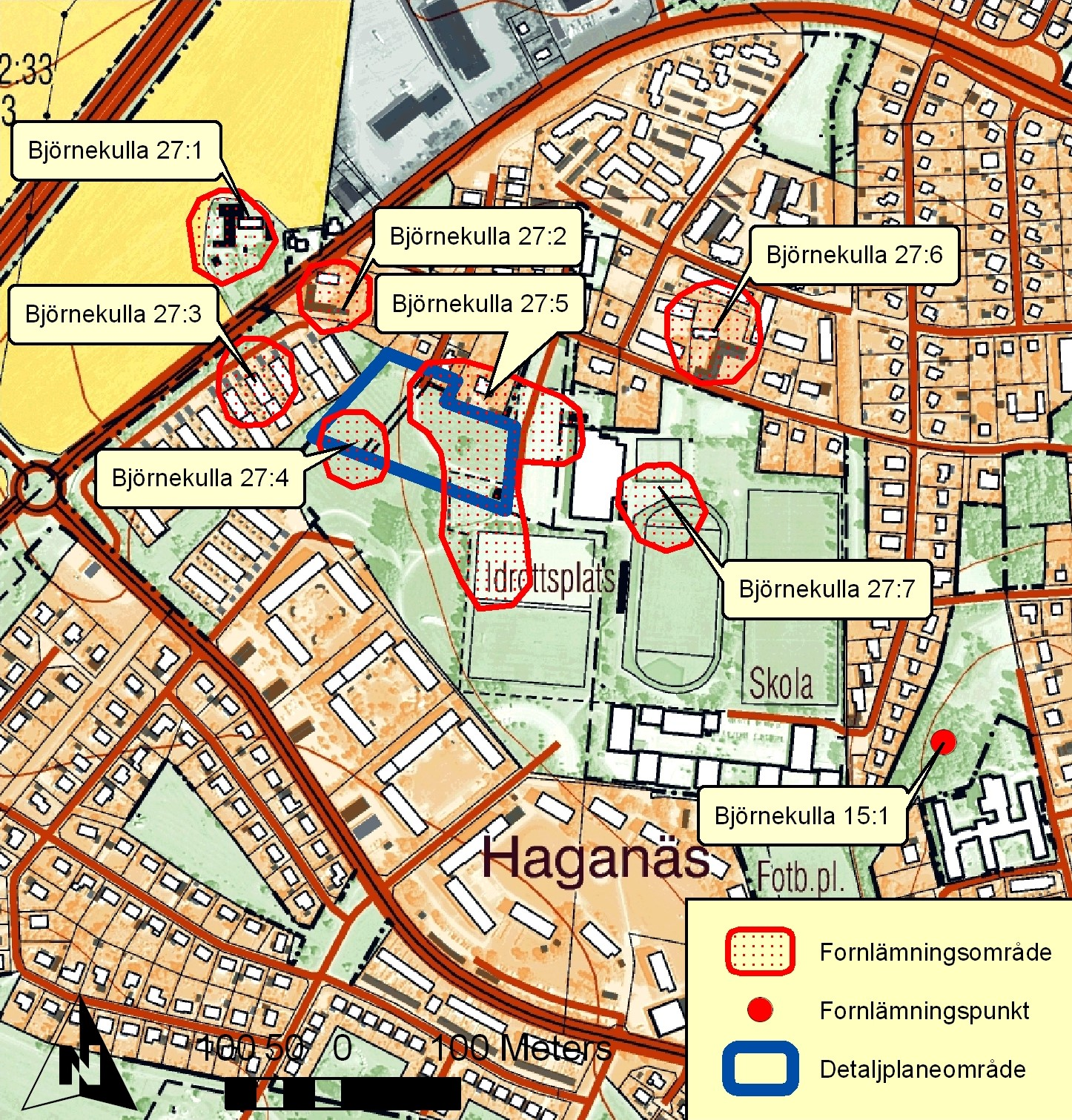 Fig. 5. Detaljplaneområdet och fornlämningar inlagda på utdrag ur Fastighetskartan 62D 2hS Åstorp. Skala 1:7500.