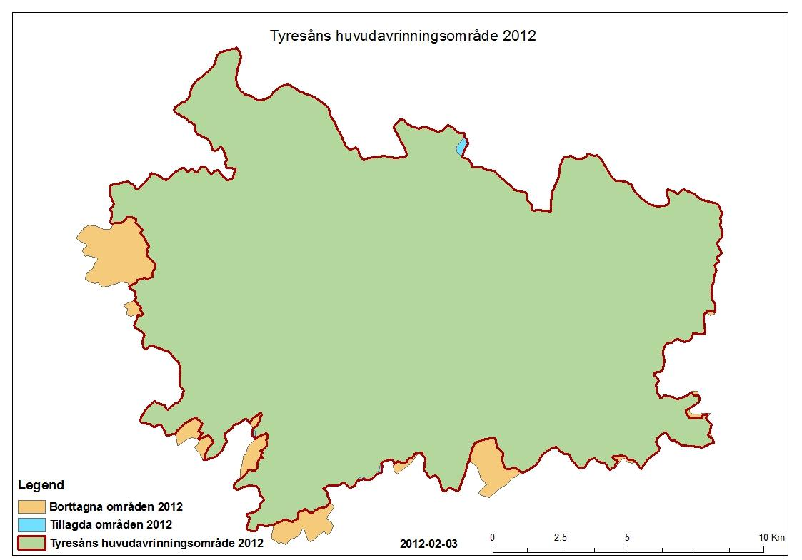 Figur 3: Tyresåns huvudavrinningsområde 2012 Justeringarna av Tyresån ledde till att huvudavrinningsområdet minskade i areal med ca 11 km 2 till fördel för Norrström (61) och området mellan Tyresån