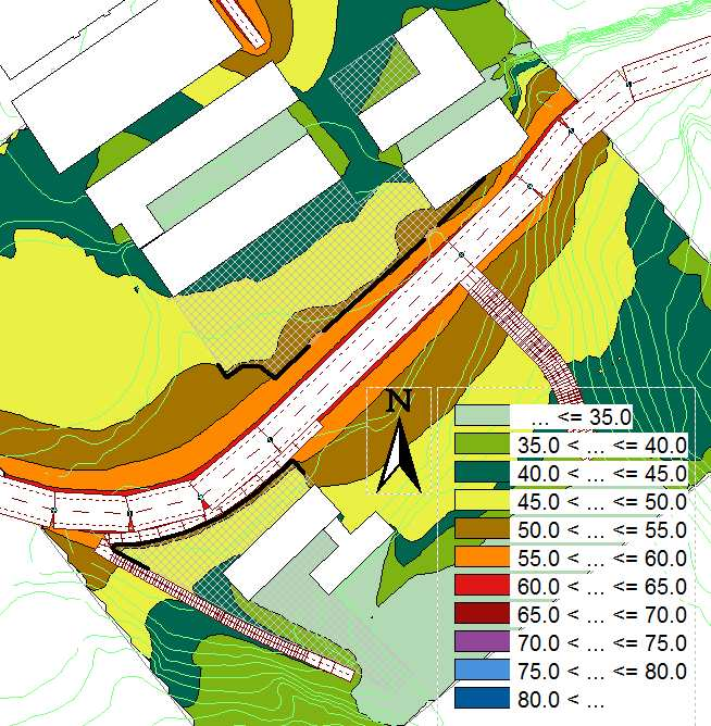 Sida 14 av 15 Scenario D Stödmur 0,8 m + glas 0,7 m vid förskolegård. Mur 1,2 m vid skolgård. 1200 fordon/dygn.