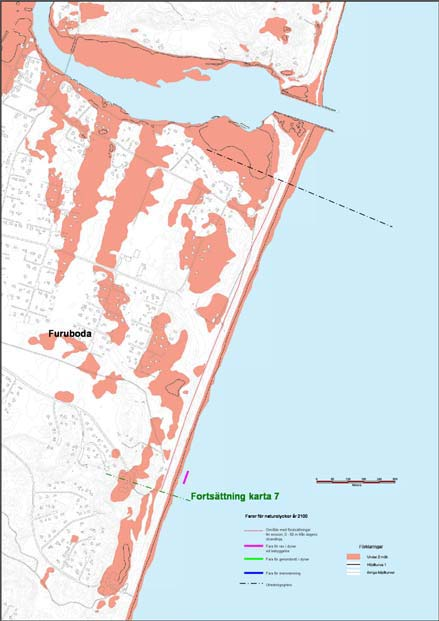 SGI 2008-12-05 1-0804-0273 Figur 8-1. Områden vid Furuboda med förutsättningar/faror för naturolyckor. För kuststräckan finns förutsättningar för erosion på stränder och i dyner.
