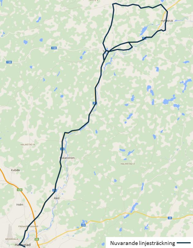 Objekt 13: Linje 400, Halmstad-Hyltebruk Befintligt trafikutbud på sträckan Halmstad Hyltebruk består av flera linjevarianter.