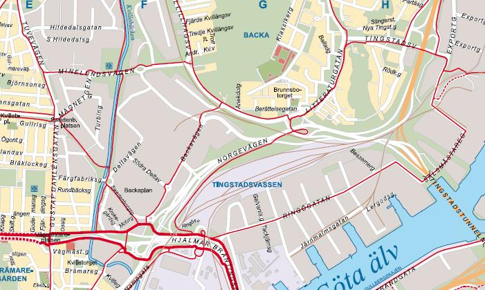 4.2.3. Gång- och cykeltrafik Lundbyleden utgör tillsammans med Bohusbanan och Hamnbanan en stor barriär för cyklister och gående som färdas i området.