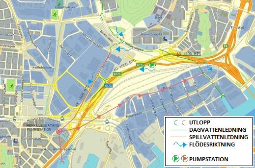 Figur 11 Nuvarande dagvattensystem i aktuellt område. Vatten som avrinner från området söder om Brunnsbomotet avleds via Kretslopp och vattens dagvattenledning till Göta älv.