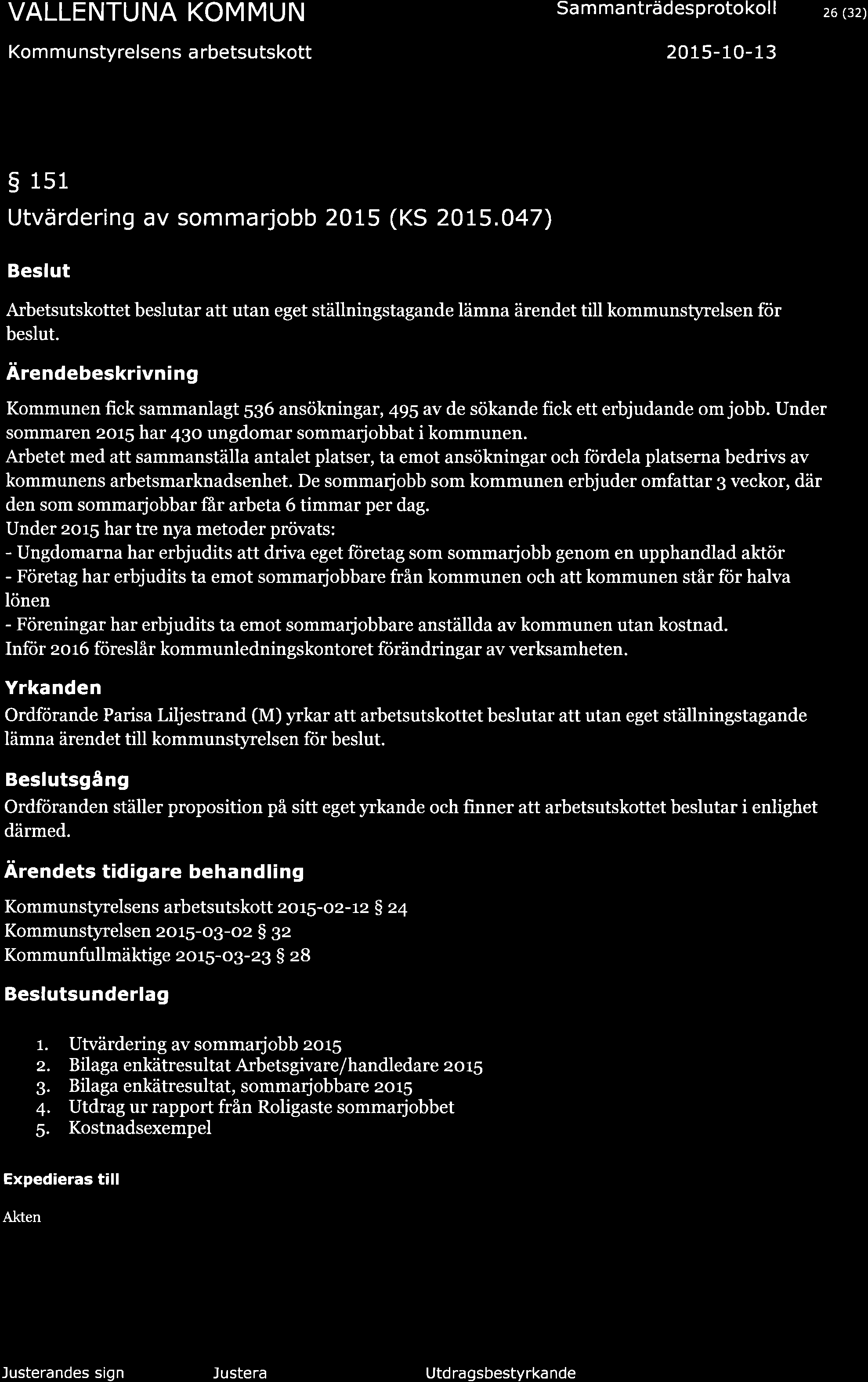 Kom mu nstyrelsens a rbetsutskott Sa m ma nträdesprotokol I 2015-10-13 26 (32) 5 lsl Utvärdering av sommarjobb 2015 (KS 20t5.