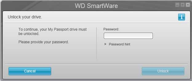 Låsa upp disken med programvaran WD SmartWare MY PASSPORT När du stänger av och startar om datorn, eller kopplar från och återansluter disken till datorn, gäller att med mindre du markerade