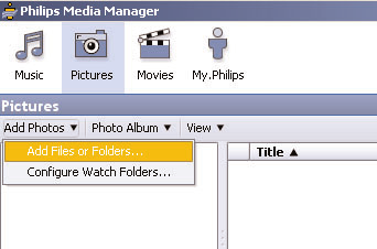 Lägga till filer i Philips Media Manager (PMM) & Välj PMM i din Windows Startmeny eller dubbelklicka på PMM-symbolen aktivitetsfältet. é Klicka på Music, Pictures eller Movies överst i PMM-fönstret.