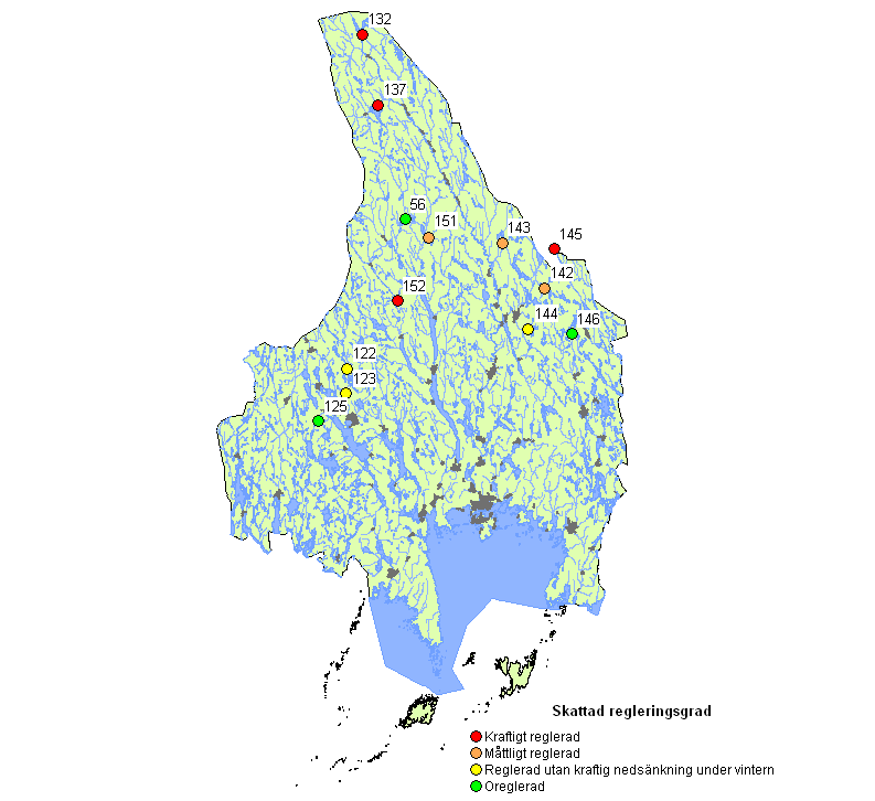 Figur 1. Undersökta sjöar samt regleringsgrad. Indelning i regleringsgrad har gjorts av Länsstyrelsen i Värmlands län med hjälp av de olika regleringsföretagens tillstånd. 2.