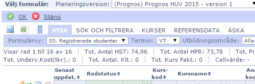 När man är klar med sin prognos kan man lämpligen sätta radstatus till 30 Planerat samt bocka av de planerade raderna och testa att läsa in resultatet för de prognostiserade