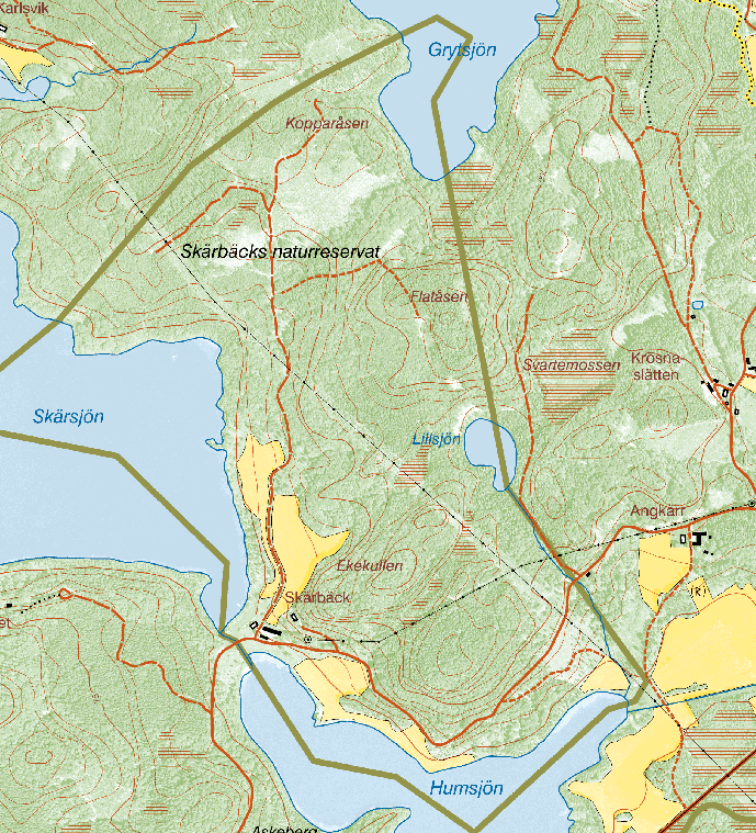 3 (7) Karta över naturreservatet Skärbäck. Skala 1:10 000. Den blå linjen visar det nya reservatets utbredning, medan den gröna linjen visar det med detta beslutet upphävda avgränsningen från 1978.