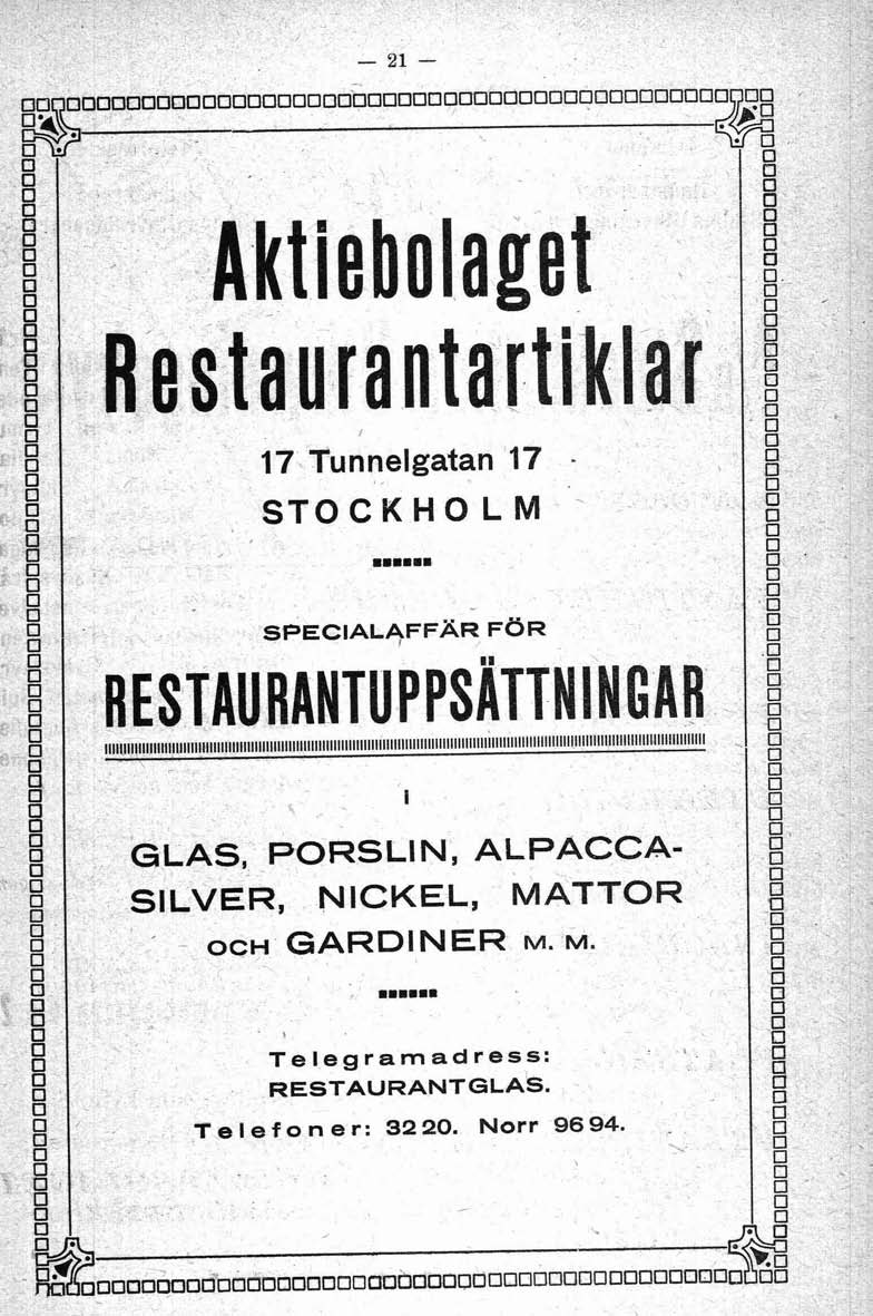 / ö - ~, 17 Tunnelgatan 17 - STCKHLM s.. D... SPECIALAFFÄR FGR 1 RESTAURANTUPPSATTNINGAR. ö n ' Ö o 0 0.