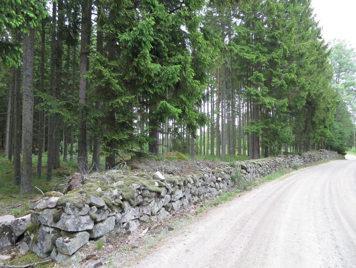 Stenmurar öster om byn, längs med den slingrande grusvägen, är viktiga för upplevelsen av