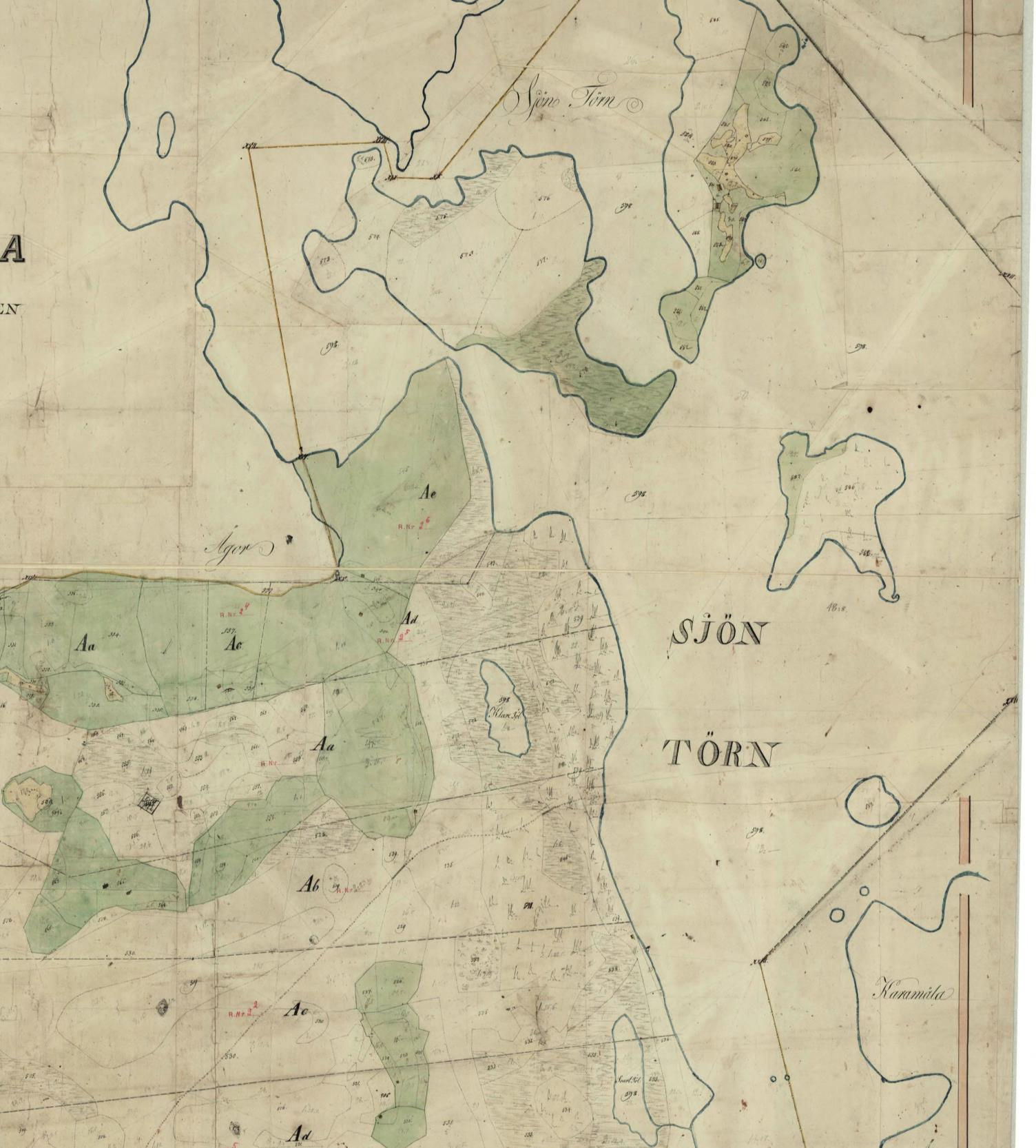 På en karta från 1832 författad i samband med laga skifte har man ritat ut markerna och öarna vid sjön Törn med stor noggrannhet,