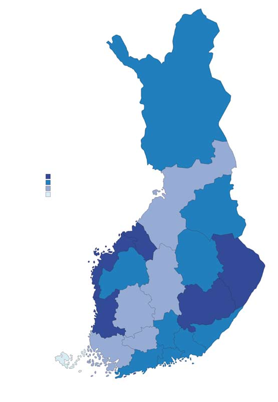 S T U D E N T E X A M E N 2 0 0 6 33 FIGUR 3.1.5 Studenter 2006: andelen studenter av alla 18 20-åringar efter landskap. Relativt sett flest deltagare hade Mellersta Österbotten och minst Åland.