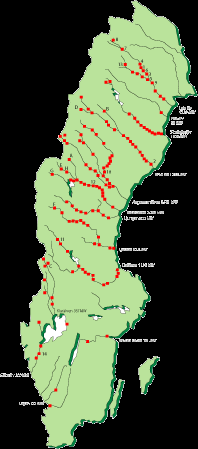 Figur 5. Översiktskarta över Sveriges dammbyggnationer (Svensk Energi 2006). I Sverige sker ungefär halva elproduktionen, omkring 65TWh, i vattenkraftanläggningar.